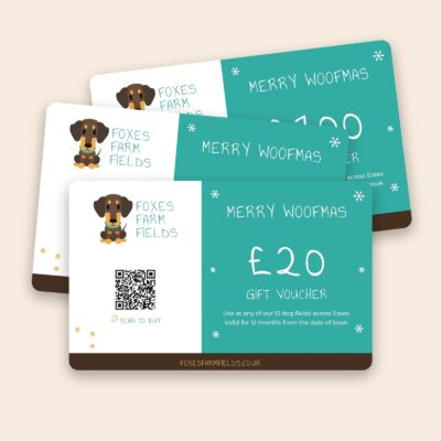 Foxes Farm Fields Merry Woofmas Christmas gift vouchers from £5 to £100, usable at any of our 12 dog fields across Essex